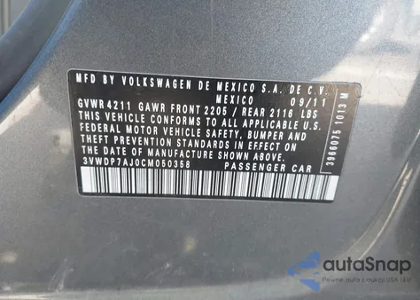 2012 Volkswagen Jetta 2.5L Se из США, поврежденный, VIN 3VWDP7AJ0CM050358